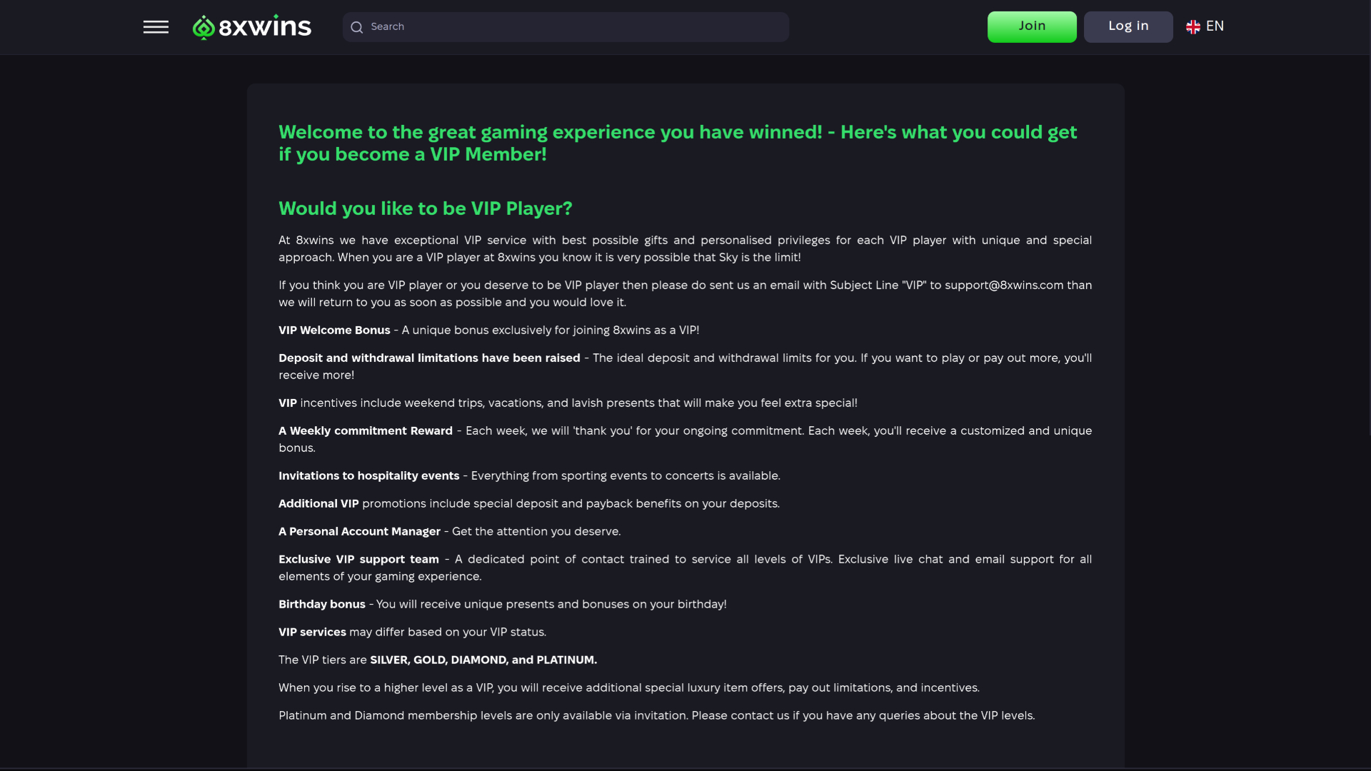 8xwins Casino Desktop VIP