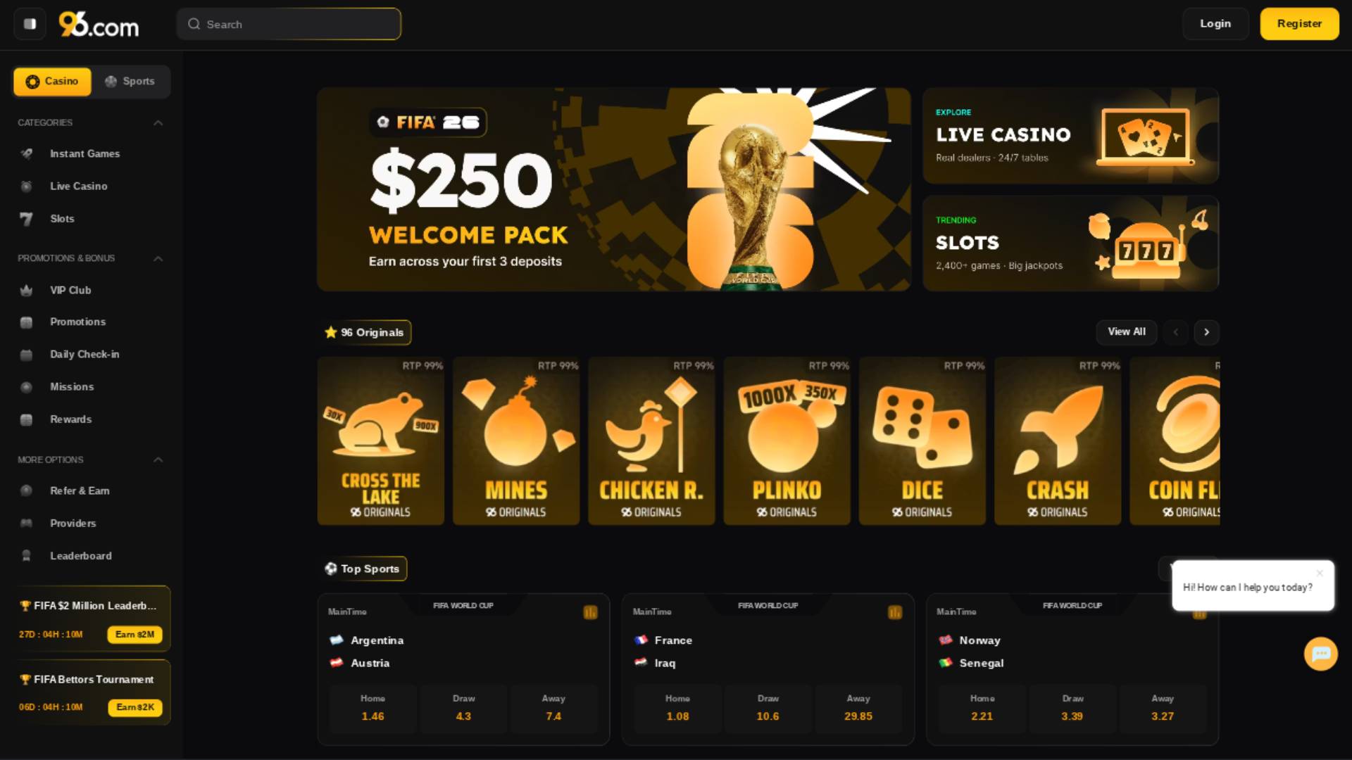 Screenshot della homepage di 96 Casino