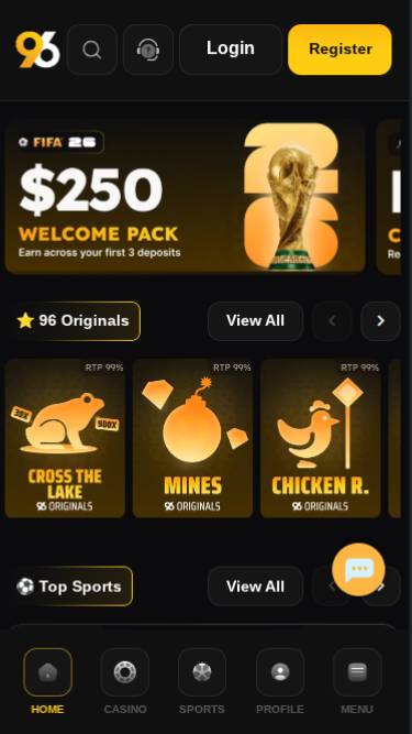 Screenshot della homepage mobile di 96 Casino