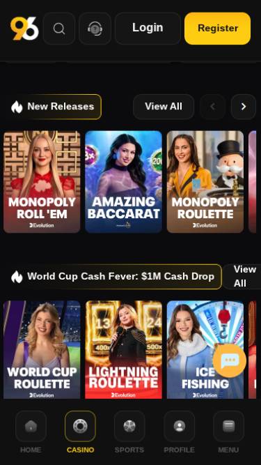 Screenshot della pagina mobile con croupier dal vivo di 96 Casino