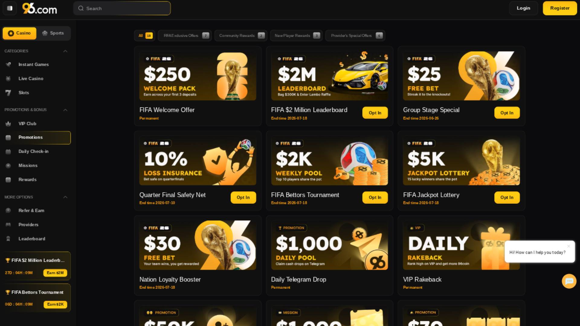Screenshot della pagina delle promozioni di 96 Casino