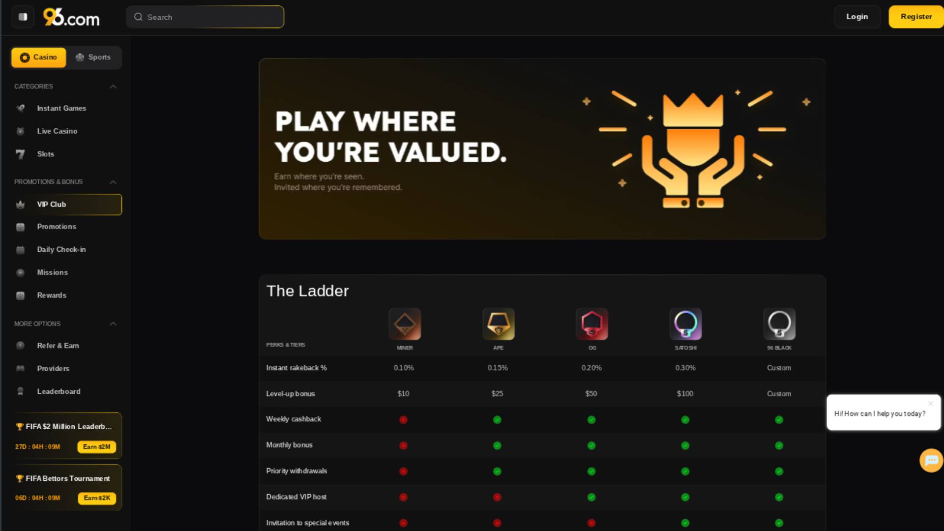 Screenshot della pagina VIP di 96 Casino