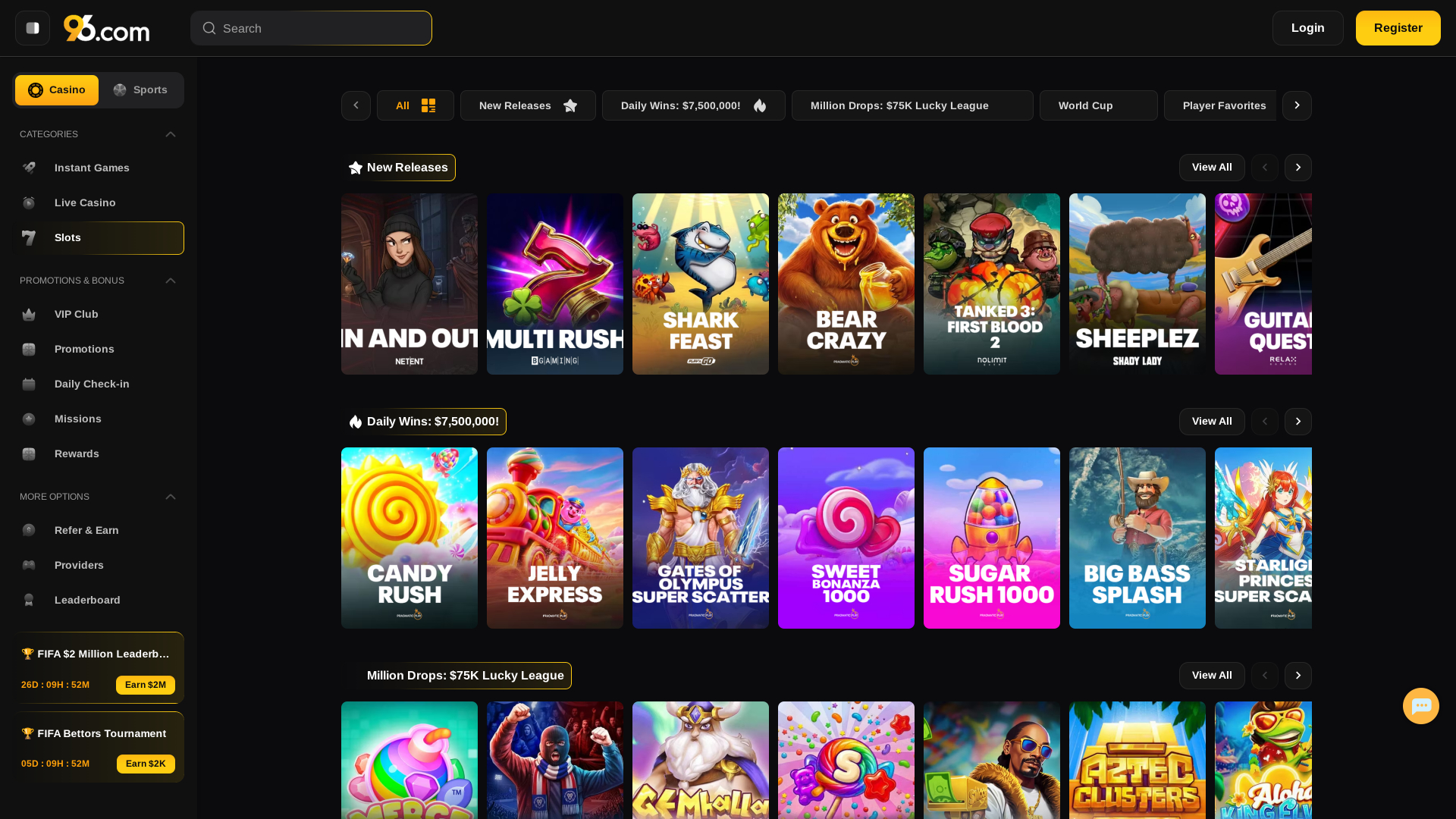 Screenshot della pagina dei giochi di 96 Casino