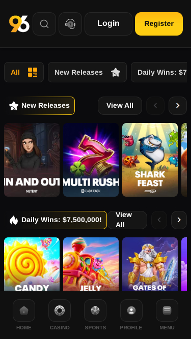 Screenshot della pagina mobile dei giochi di 96 Casino