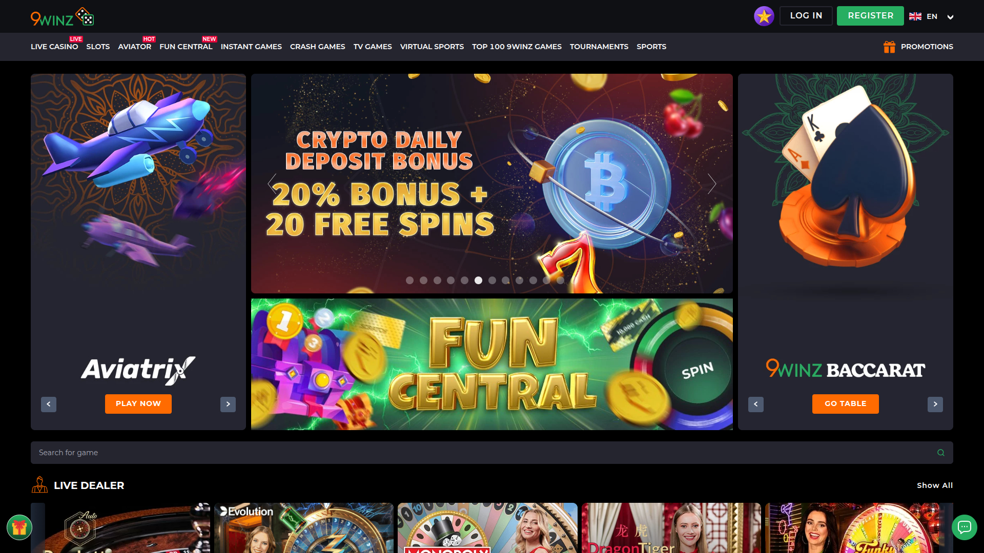 Page d'accueil de bureau de 9Winz Casino