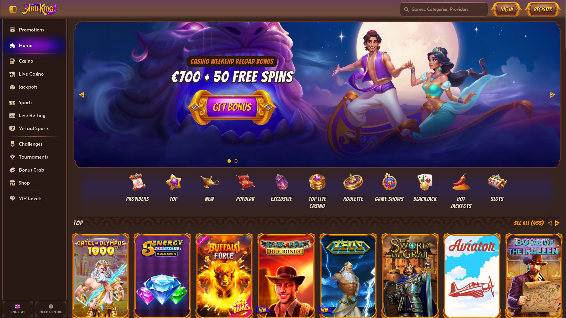 Homepage desktop di Abuking Casino