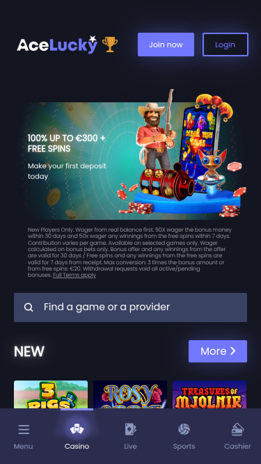 Página de inicio móvil de Ace Lucky Casino