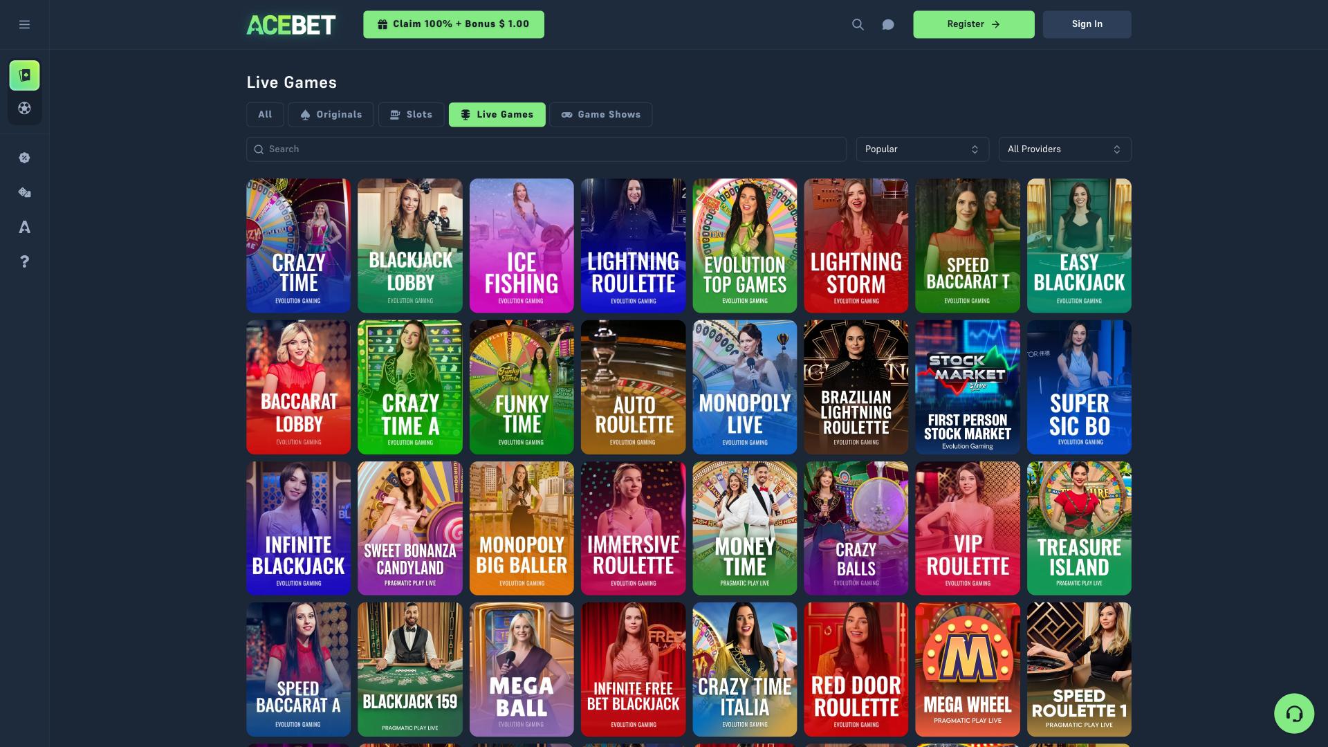 Acebet Casino live dealer page