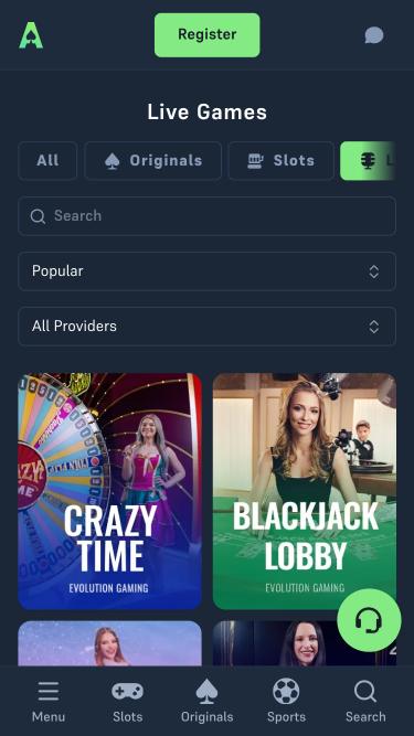 Acebet Casino live dealer mobile page