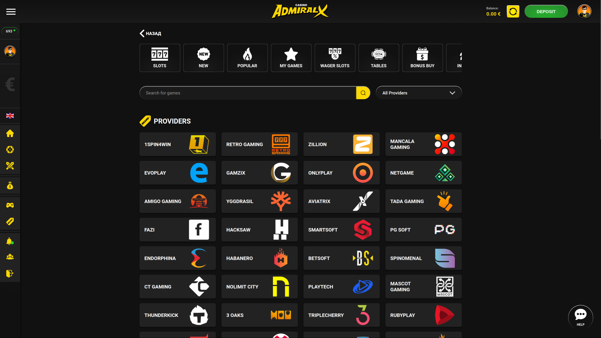 Développeurs de jeux de casino Admiral X - Version bureau