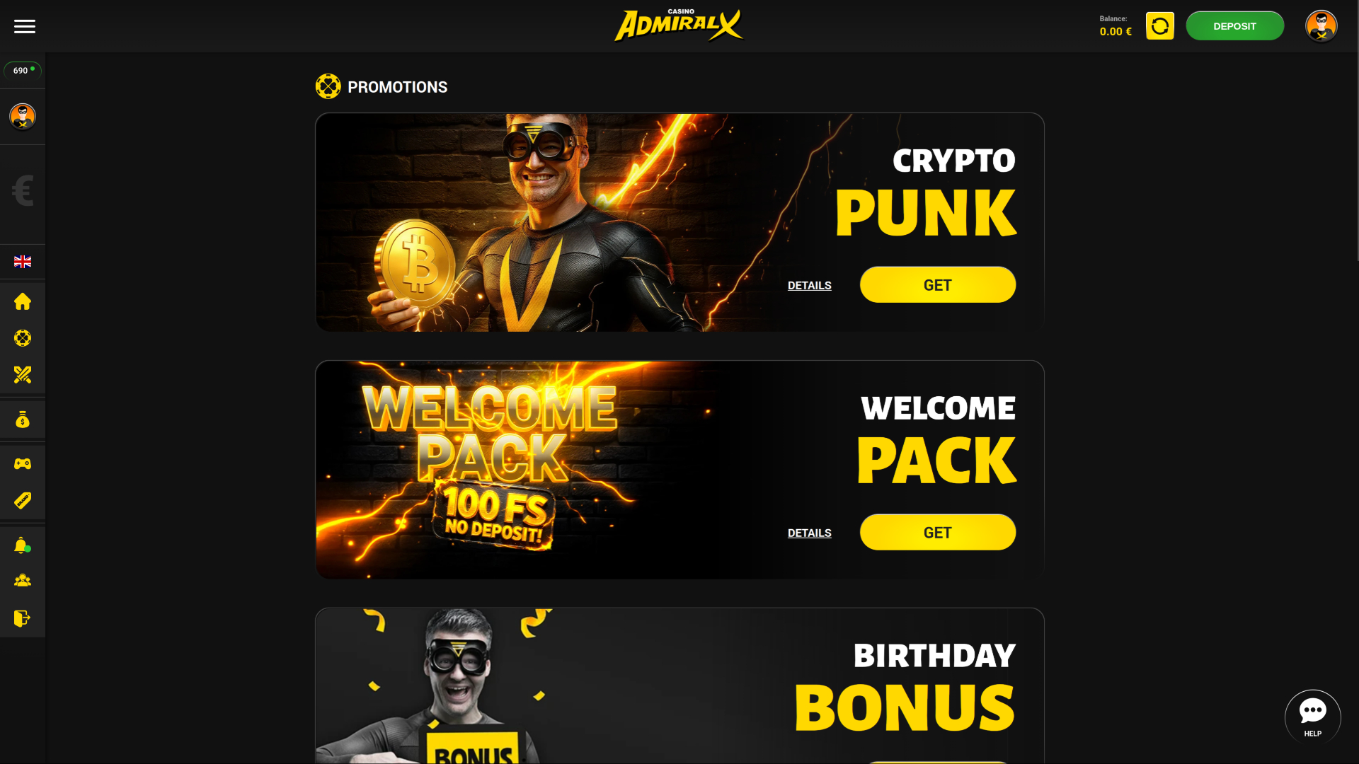 Promotions du casino Admiral X (version bureau)