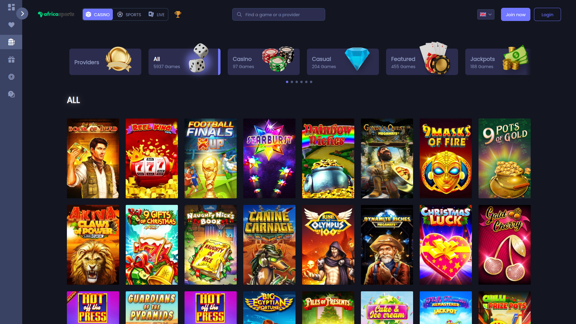 Juegos de escritorio de AfricaSports Casino