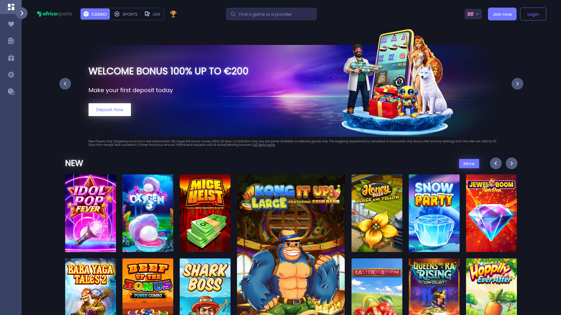 Página de inicio de escritorio de AfricaSports Casino