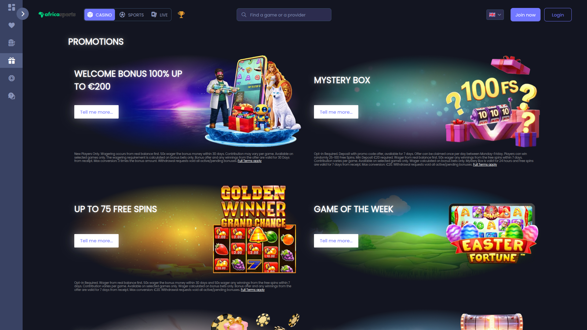 Promociones de escritorio de AfricaSports Casino