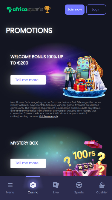 Promociones móviles de AfricaSports Casino
