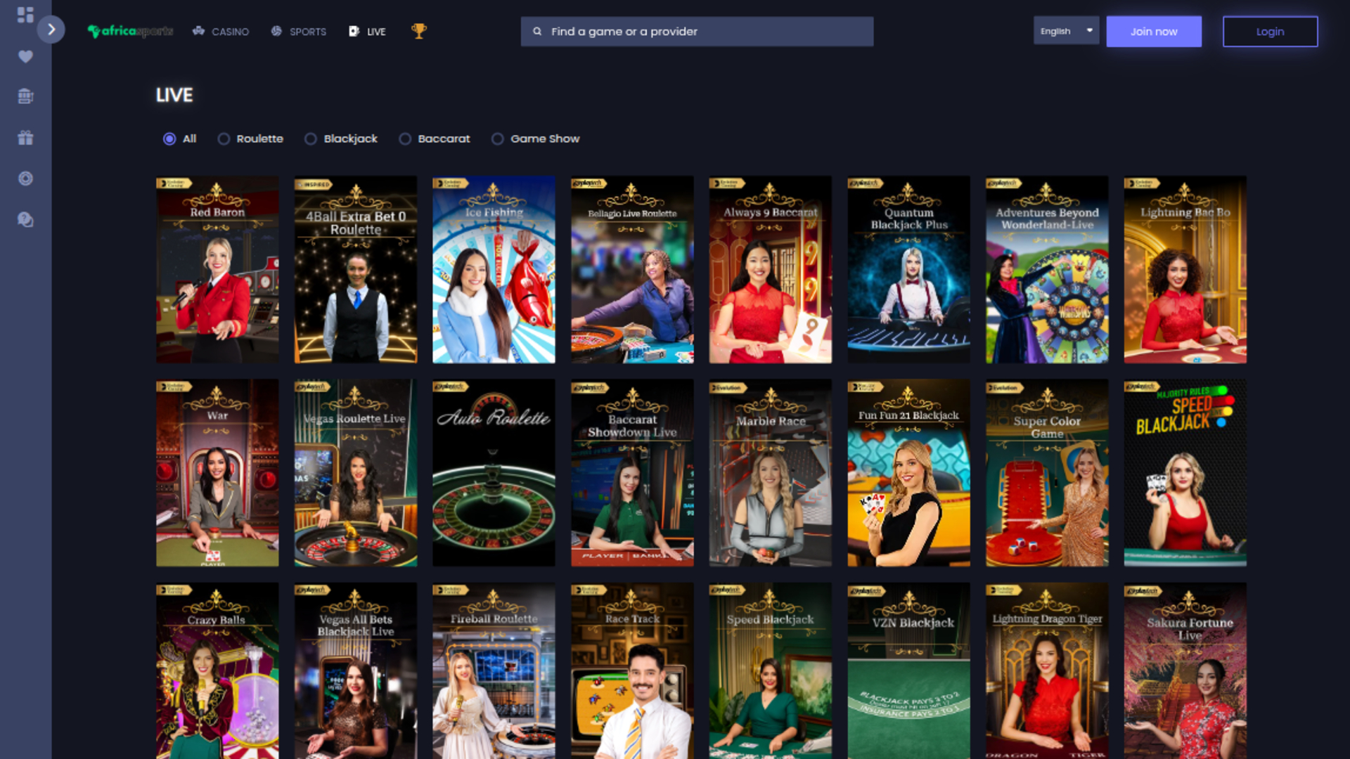 AfricaSports Casino Live Dealer Desktop