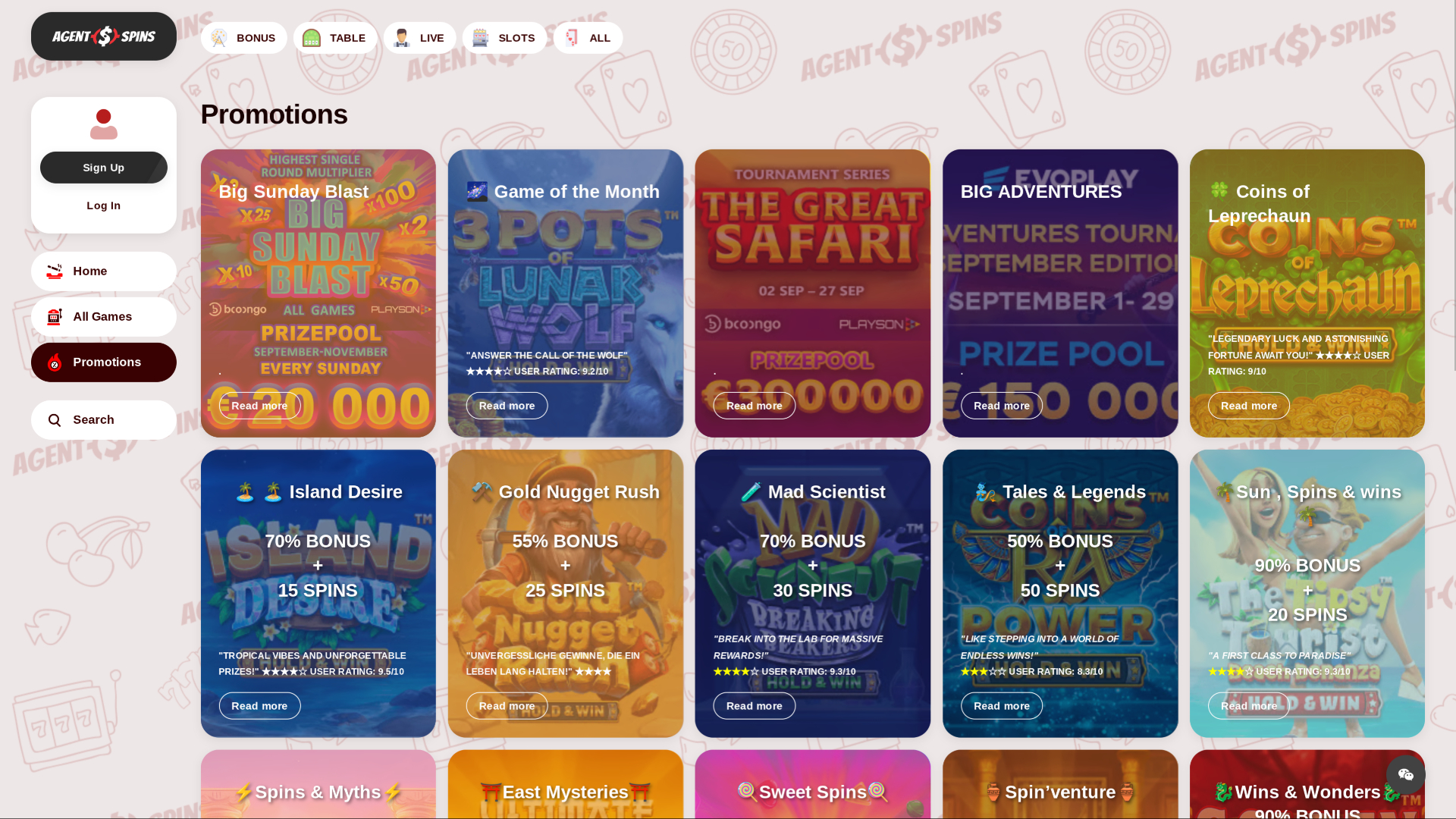 Promotions de bureau de Agent Spins Casino