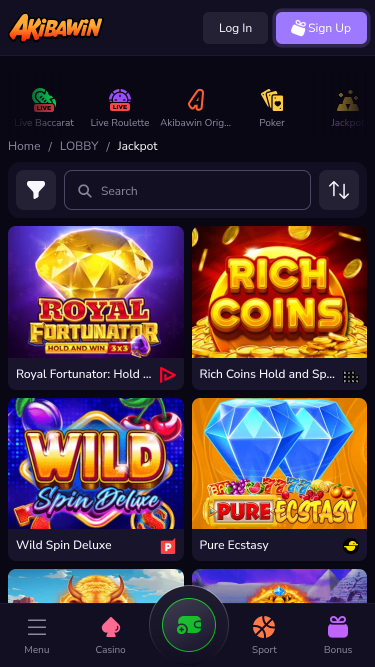 Jackpot móvil del casino Akibawin