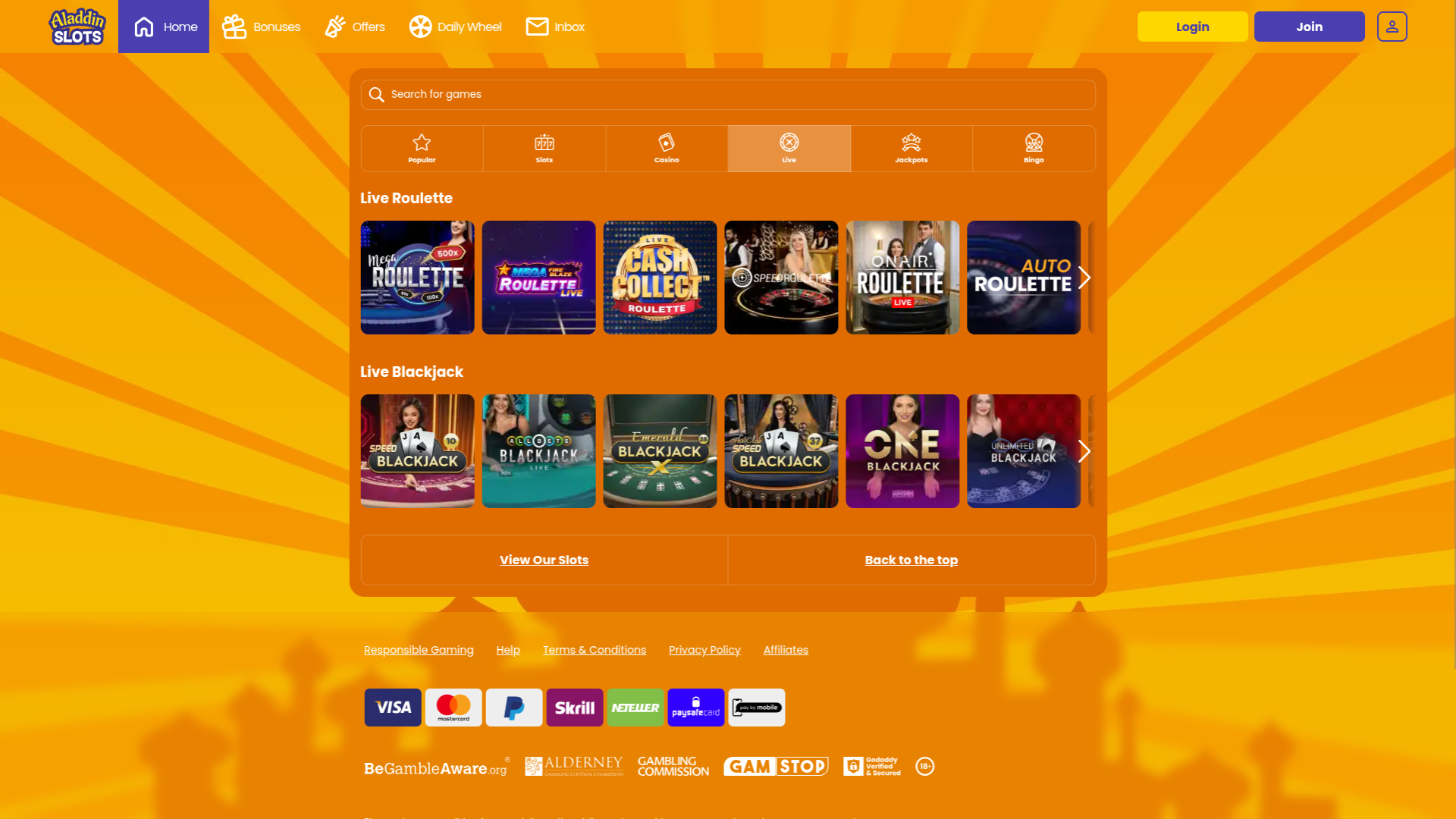 Aladdin Slots Casino Desktop Live Dealer