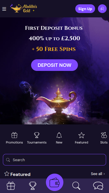 Capture d'écran de la page d'accueil du casino Aladdins Gold pour mobile