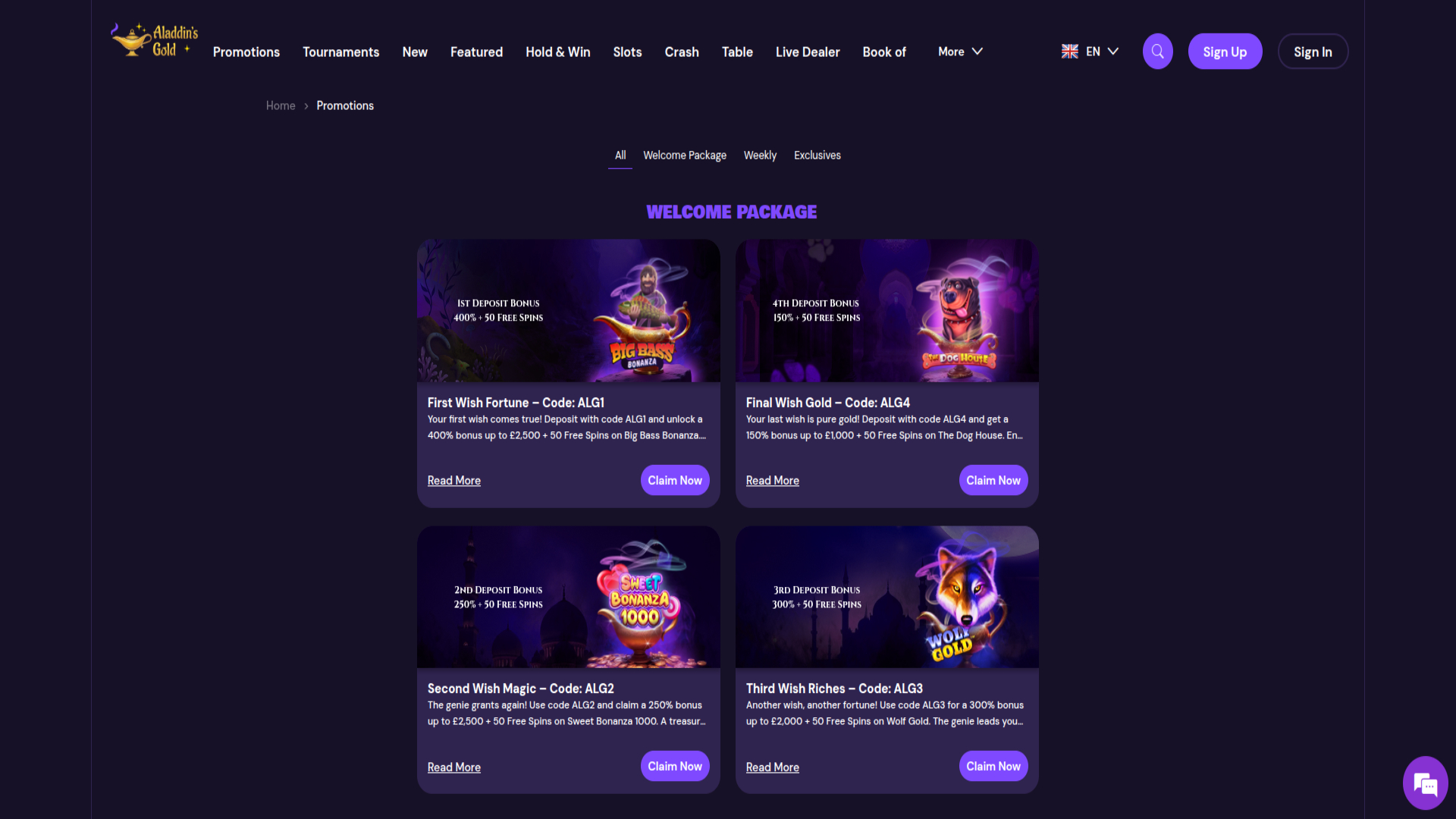 Capture d'écran des promotions du casino Aladdins Gold pour ordinateur