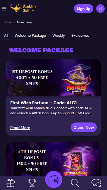 Capture d'écran des promotions du casino Aladdins Gold pour mobile