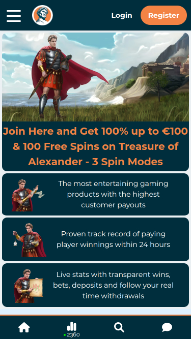 Page d'accueil mobile d'Alexander Casino