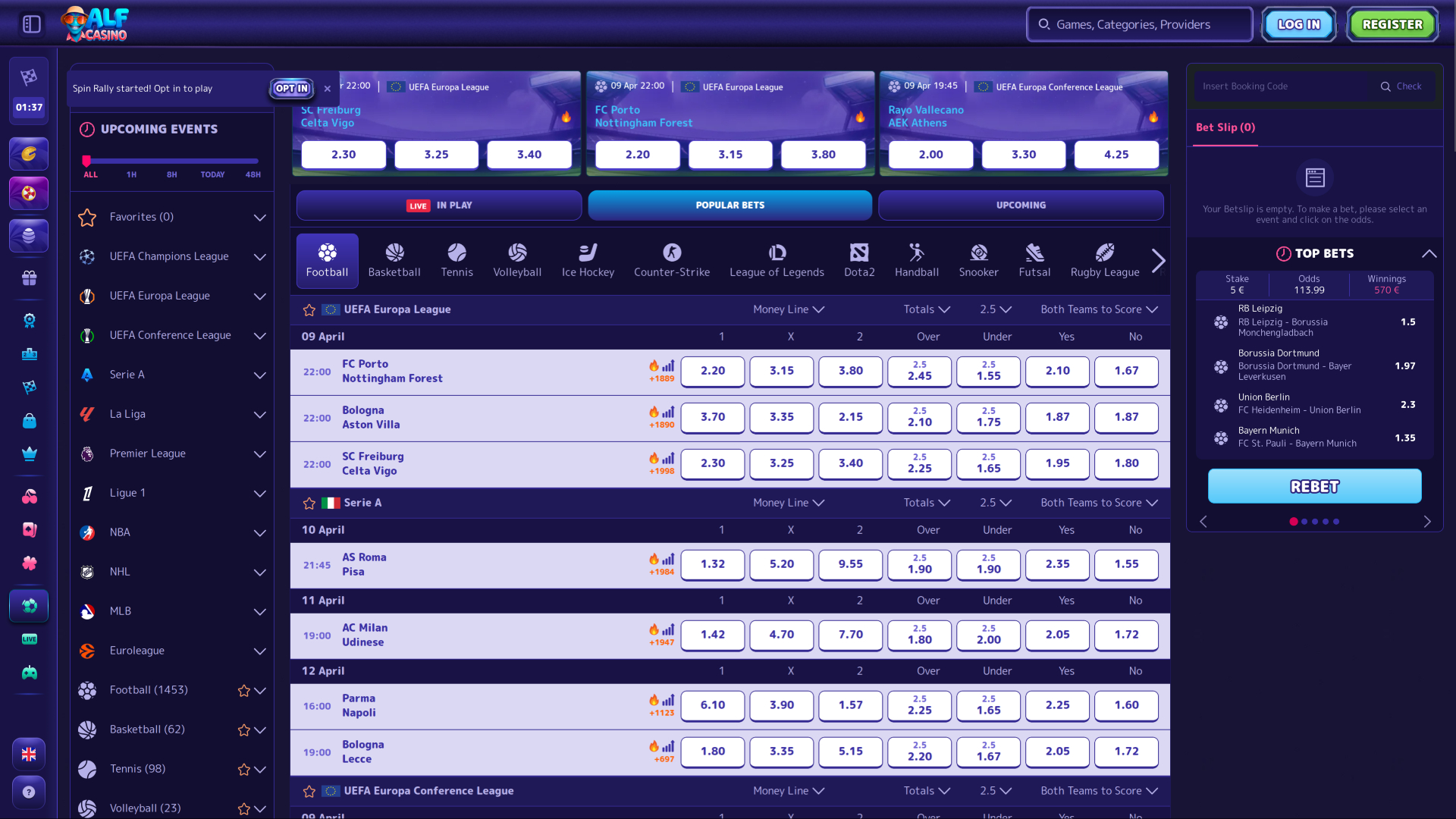 Ставки на спорт в Alf Casino на компьютере