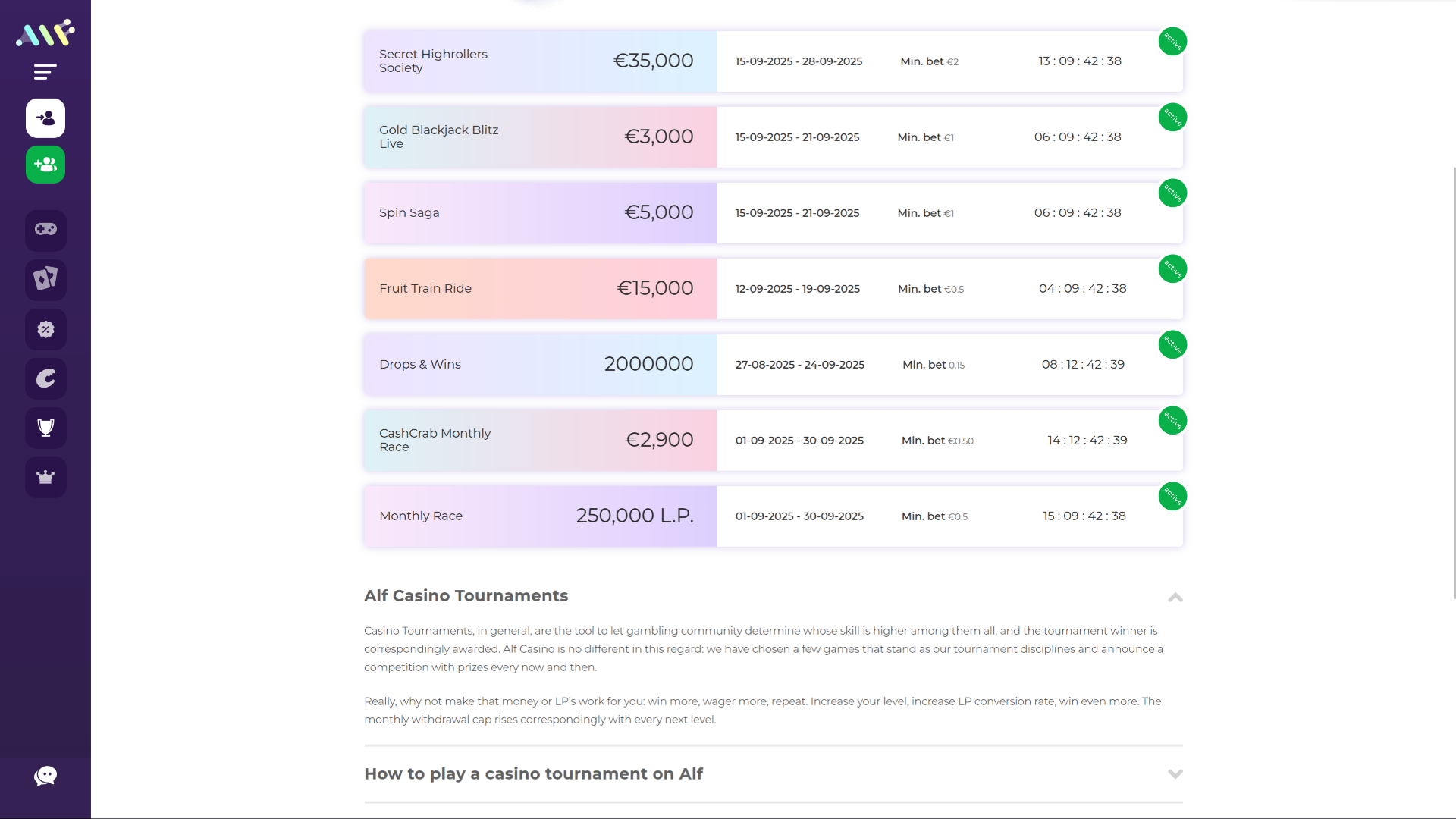 Tournois sur bureau d'Alf Casino