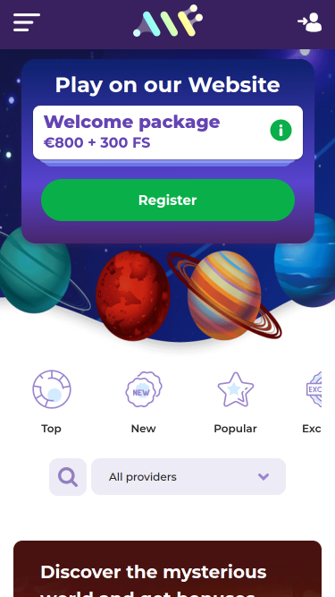 Page d'accueil mobile d'Alf Casino