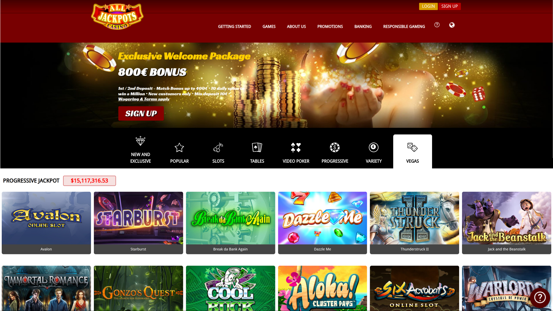 Jeux de Vegas sur bureau de All Jackpots Casino