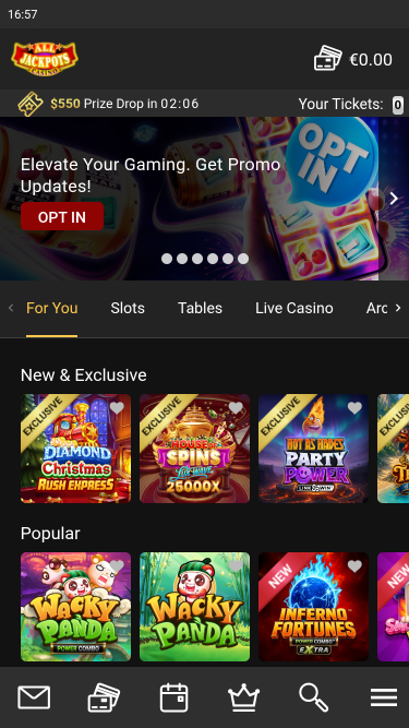 Page d'accueil mobile du casino All Jackpots