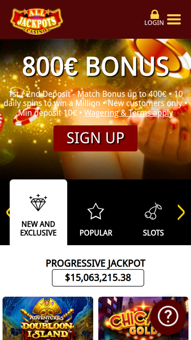 Page d'accueil mobile de All Jackpots Casino