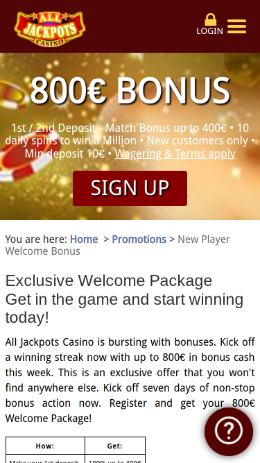 Promotions mobiles de All Jackpots Casino