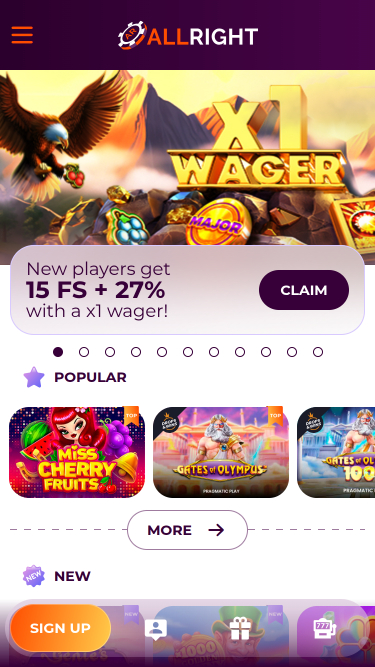 Page d'accueil mobile de All Right Casino