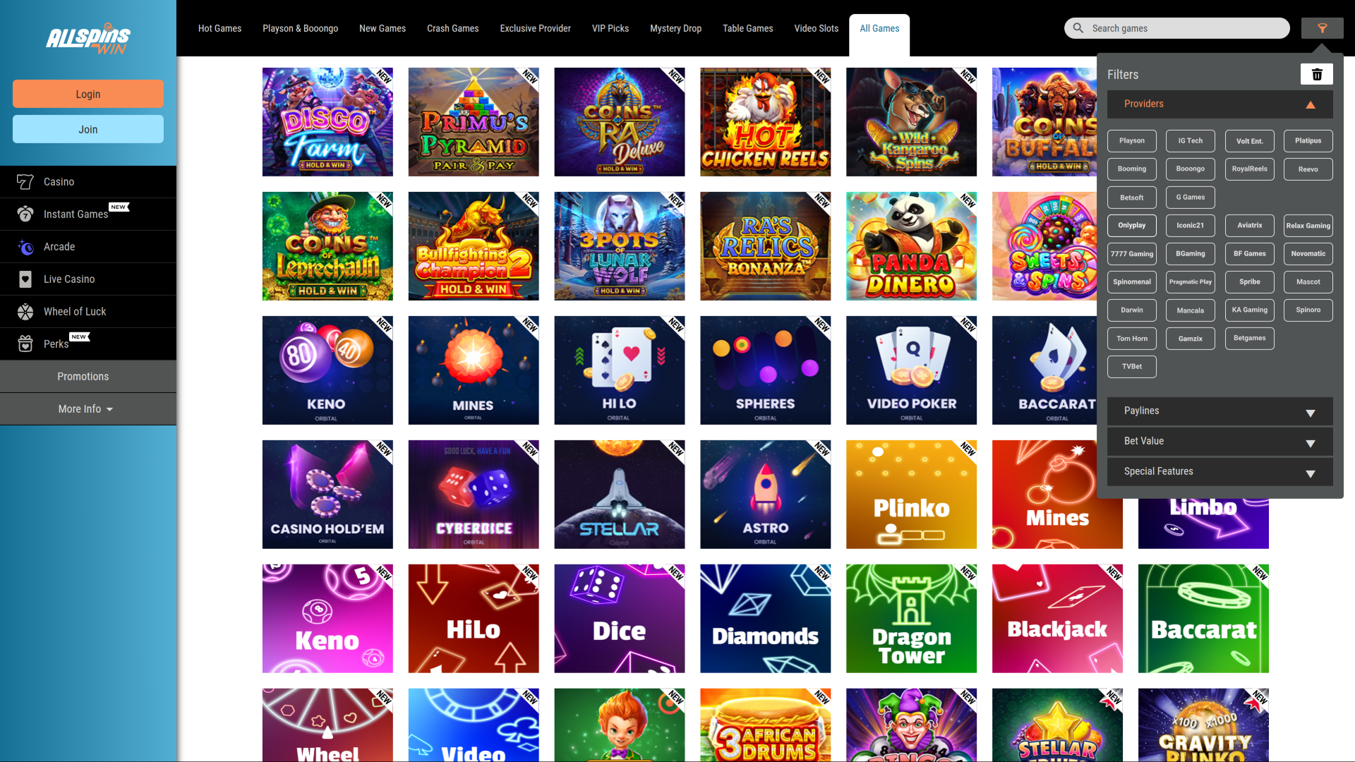 Développeurs de jeux de bureau de All Spins Win Casino
