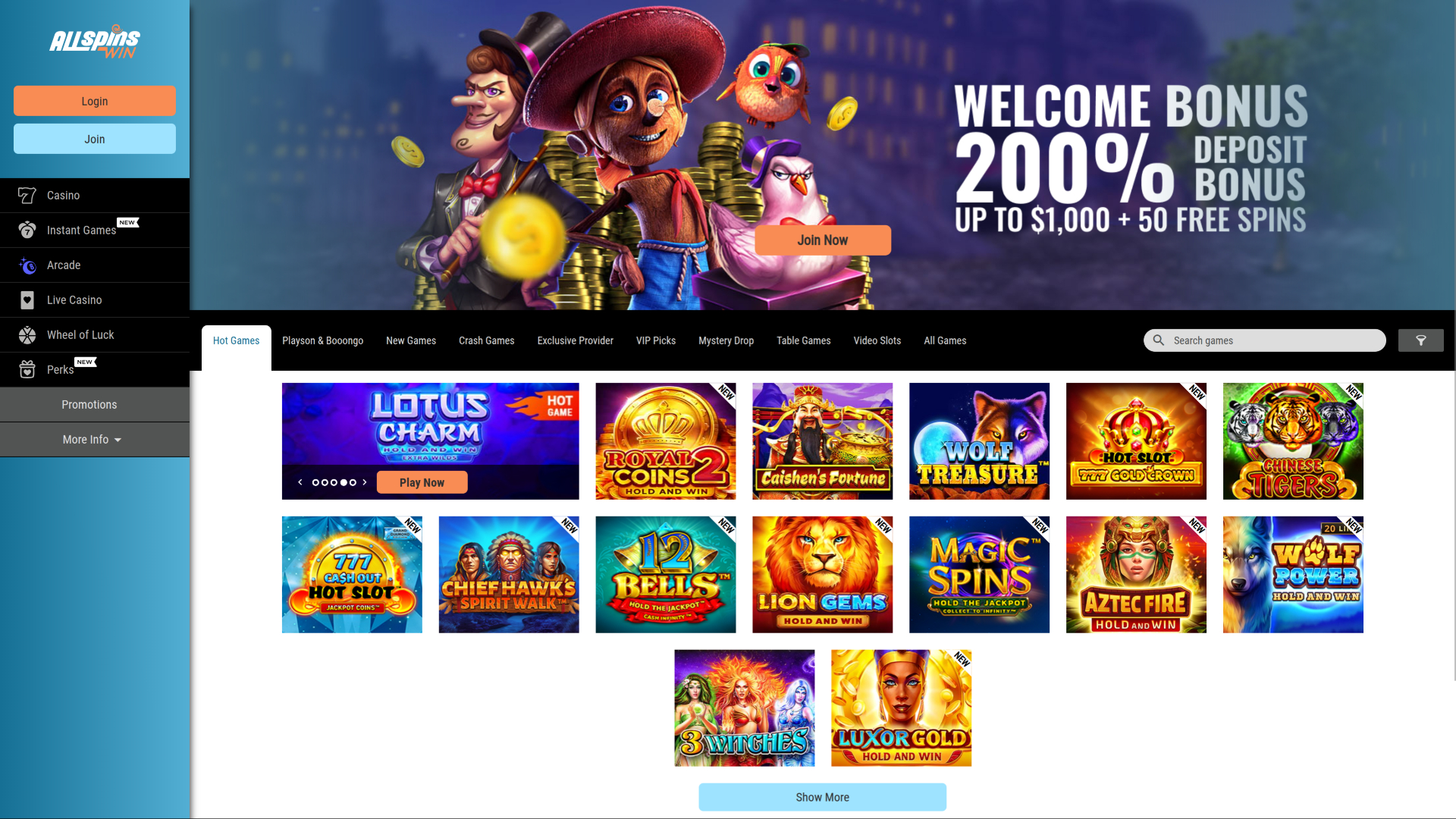 Page d'accueil de bureau de All Spins Win Casino