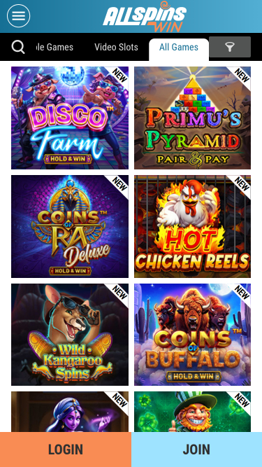 Jeux mobiles de All Spins Win Casino