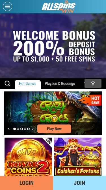 Page d'accueil mobile de All Spins Win Casino