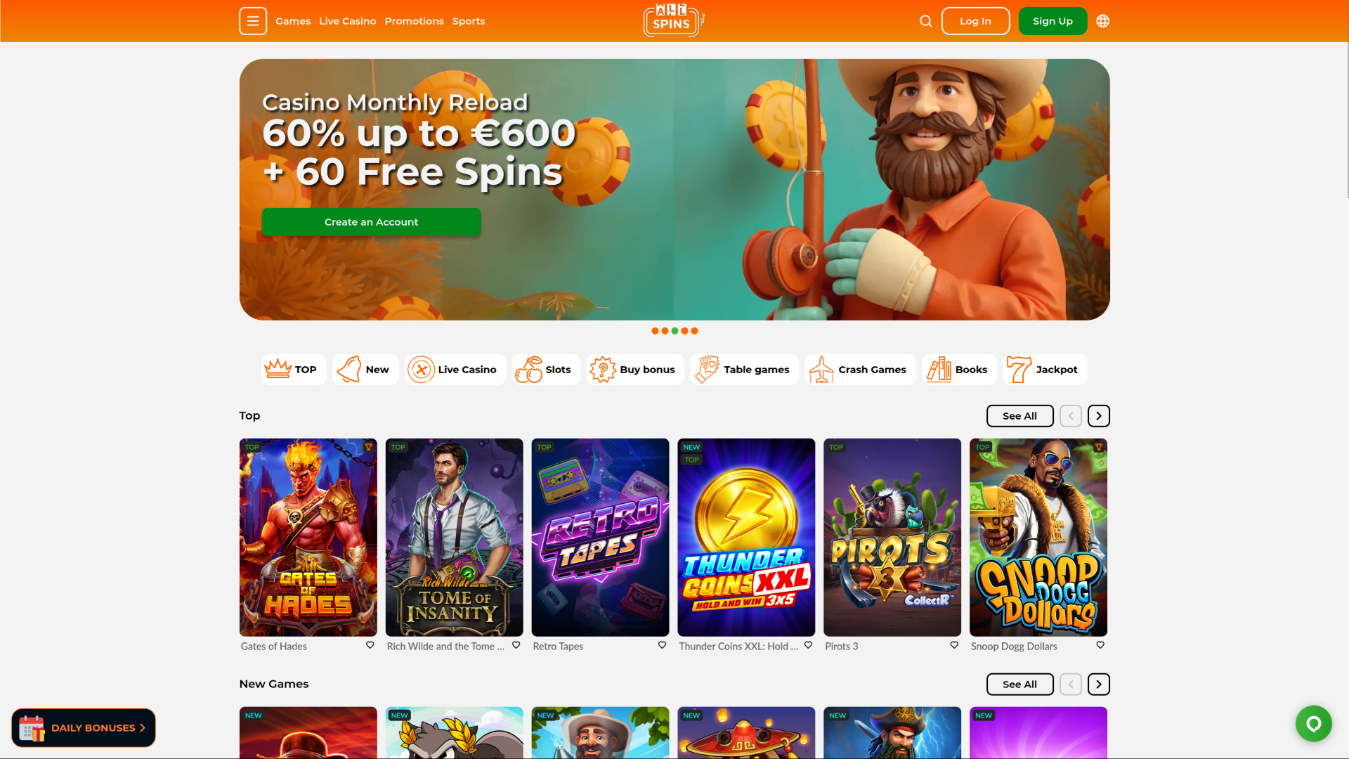 Page d’accueil sur ordinateur de AllSpins Casino