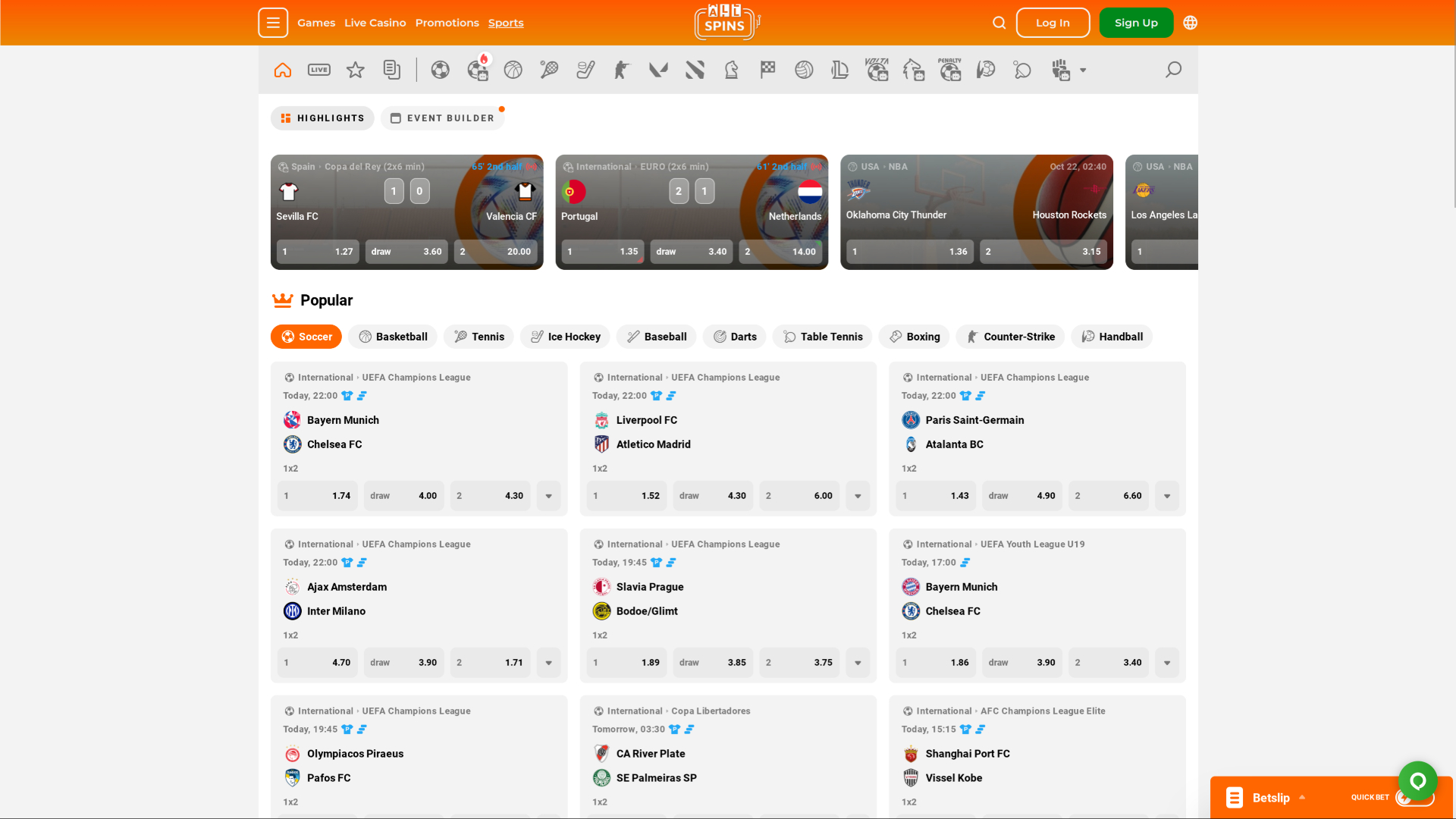 Sports sur ordinateur de AllSpins Casino