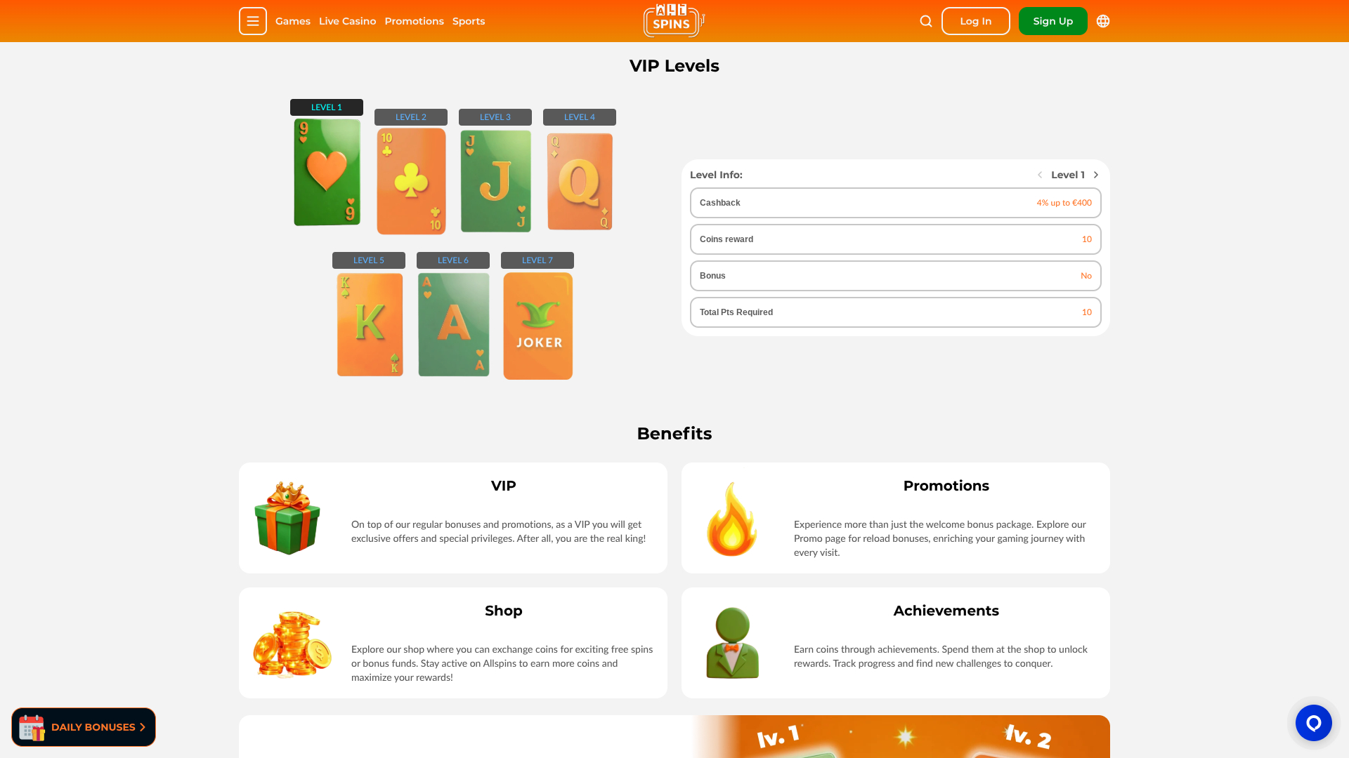 Programme VIP AllSpins Casino pour ordinateur de bureau