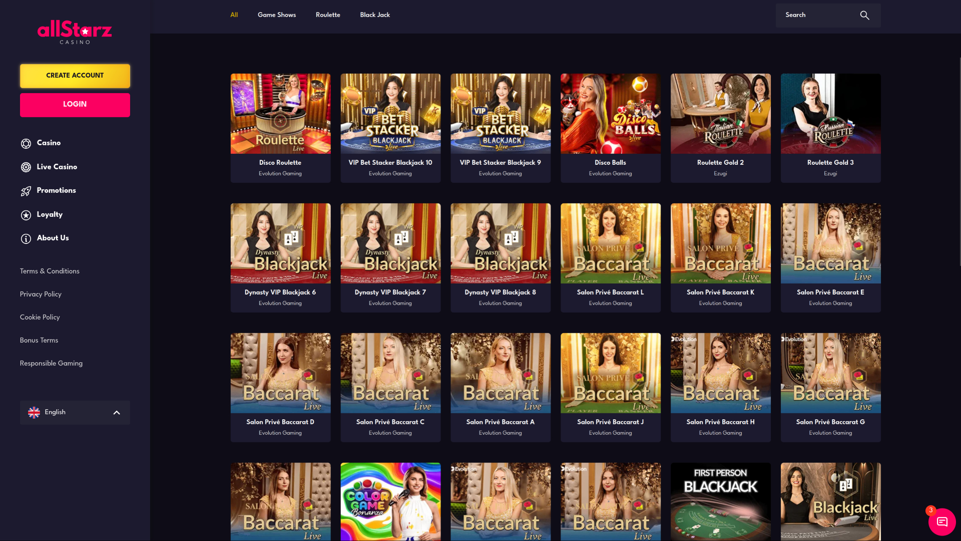 AllStarz Casino Desktop Live Dealer