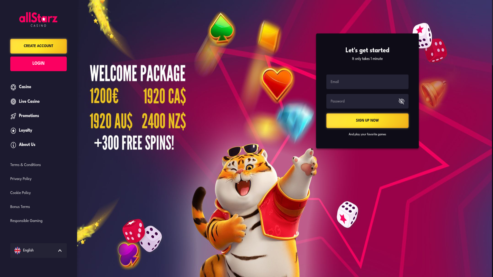 Homepage screenshot of Allstarz Casino for Desktop