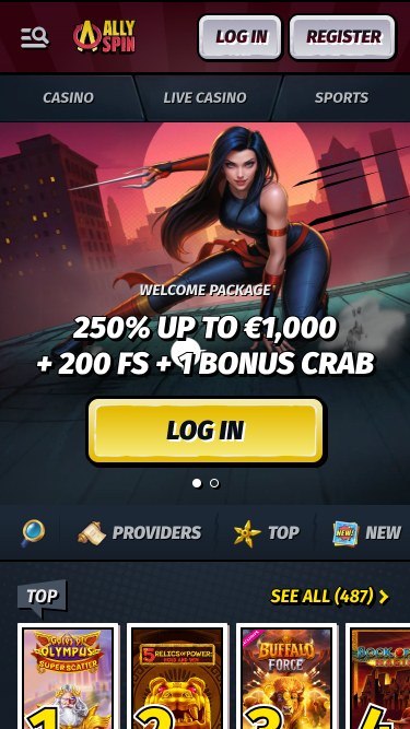 Page d'accueil mobile AllySpin Casino