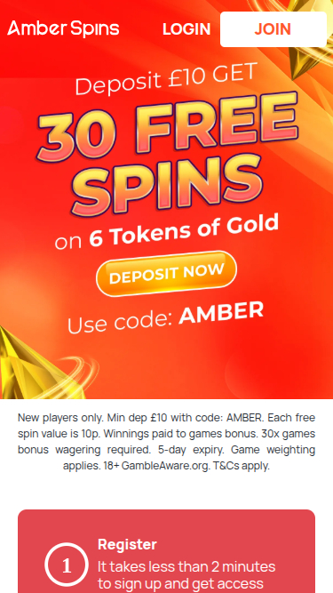 Página de inicio móvil de Amber Spins Casino