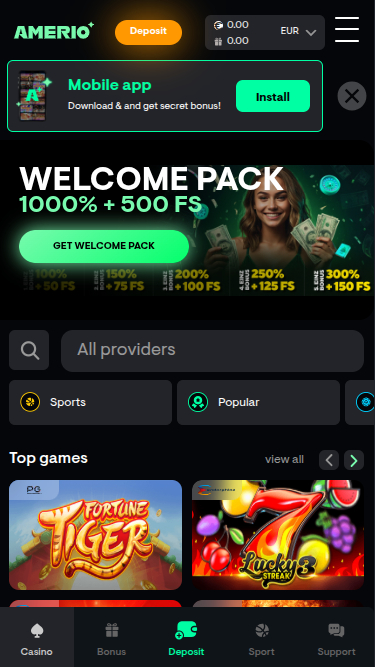 Page d’accueil mobile de Amerio.bet Casino