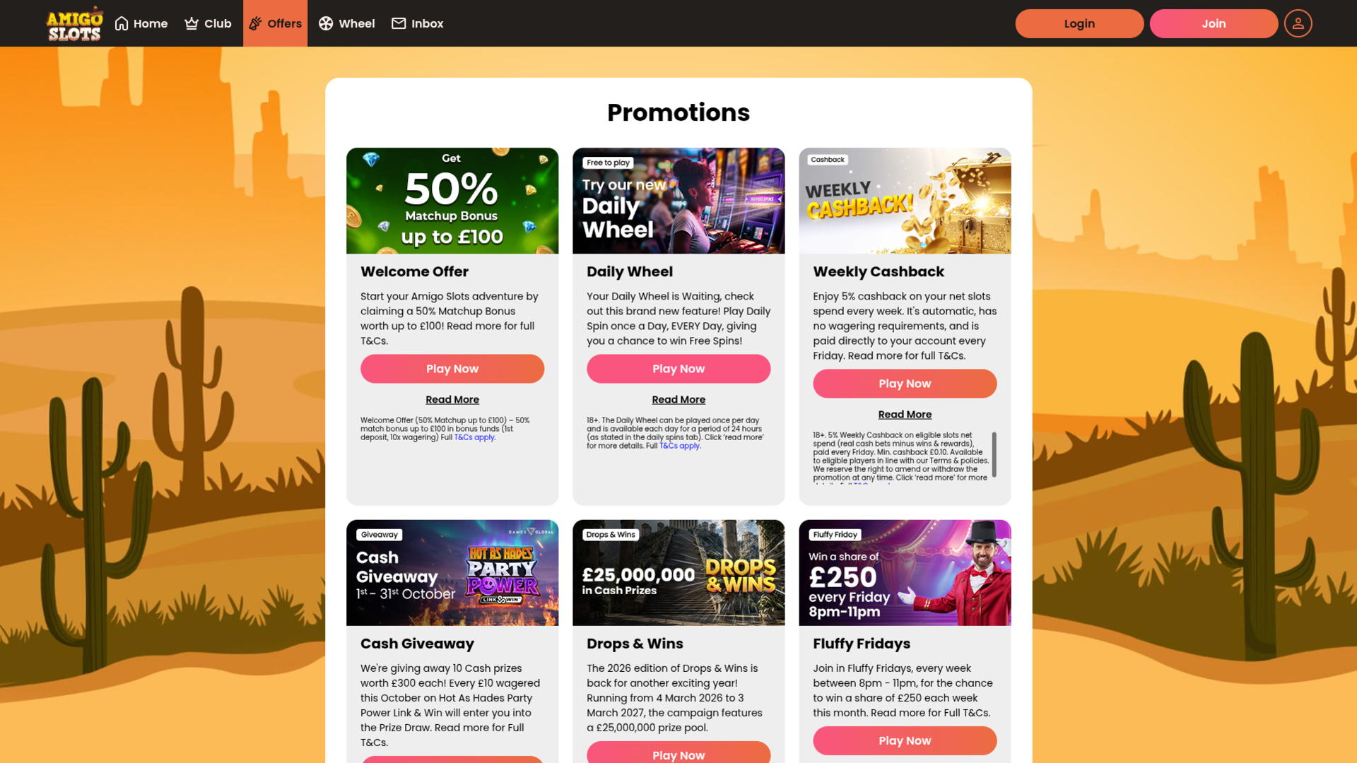 Promotions pour ordinateur de bureau du casino Amigo Slots