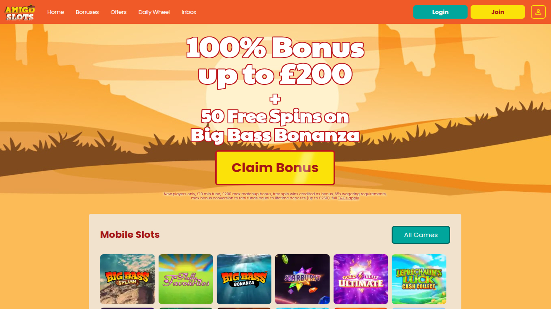 Página de inicio de Amigo Slots Casino para ordenador