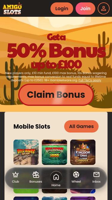 Page d'accueil mobile du casino Amigo Slots